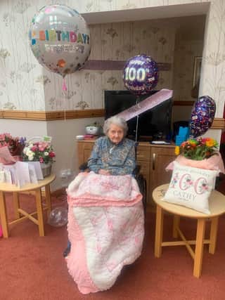Cathy Davidson, pictured at her 100th birthday celebrations last year at Whitehill Lodge care home at Lennoxtown