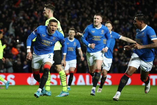 James Tavernier celebrates after scoring his penalty in the 2-2 draw with Borussia Dortmund at Ibrox that sealed an aggregate 6-4 victory in the Europa League play-off round. (Photo by Alan Harvey / SNS Group)