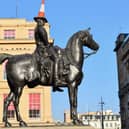 The statue depicts Arthur Wellesley (1st Duke of Wellington) and can be found outside Glasgow’s Gallery of Modern Art. It is famous for being capped with a traffic cone in a move said to reflect the local Glaswegian humour - this has been done since at least the 1980s.