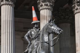 The statue depicts Arthur Wellesley (1st Duke of Wellington) and can be found outside Glasgow’s Gallery of Modern Art. It is famous for being capped with a traffic cone in a move said to reflect the local Glaswegian humour - this has been done since at least the 1980s.
