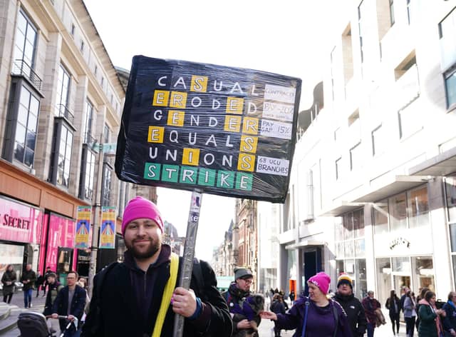 Protestors and Members of the University and College Union (UCU) during their rally in Glasgow, at the start of their 10 days of industrial action over pay, pensions and working conditions. Picture date: Monday February 14, 2022.