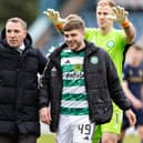 Brendan Rodgers with James Forrest at full time during a cinch Premiership match between Dundee and Celtic.