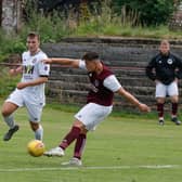 Dillan Duddy scores for Carluke in Saturday's 3-1 defeat at Glasgow United (Pic by Kevin Ramage)