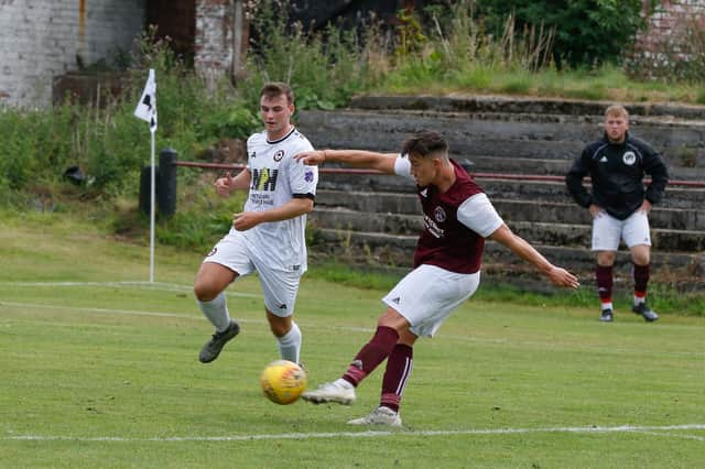 Dillan Duddy scores for Carluke in Saturday's 3-1 defeat at Glasgow United (Pic by Kevin Ramage)