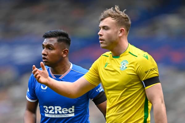 Rangers' Alfredo Morelos (left) with Ryan Porteous before the Hibs man was sent off in Sunday's league match. Photo by Rob Casey / SNS Group