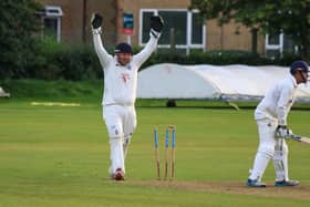 Bryan Clarke celebrates Uddingston Cricket Club taking a wicket (Pic David Potter)