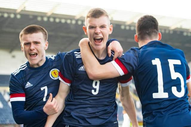 Rory Wilson celebrates his second as he makes it 2-2 during a European Under-17 Championship between Scotland and Czech Republic at the Falkirk Stadium, on March 23. (Photo by Craig Foy / SNS Group)