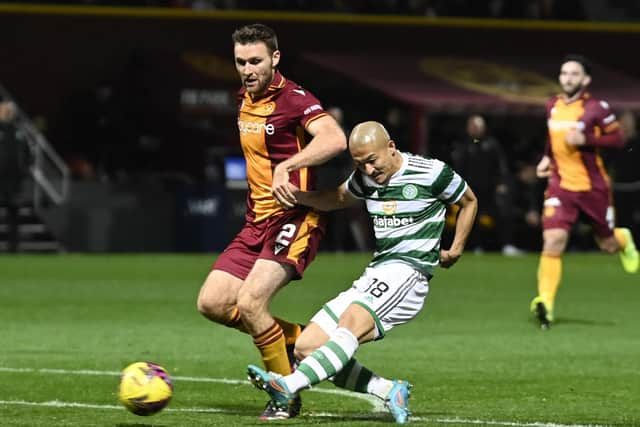 Celtic's Daizen Maeda scores to make it 2-0 in the eventual 2-1 win over Motherwell (Photo by Rob Casey / SNS Group)