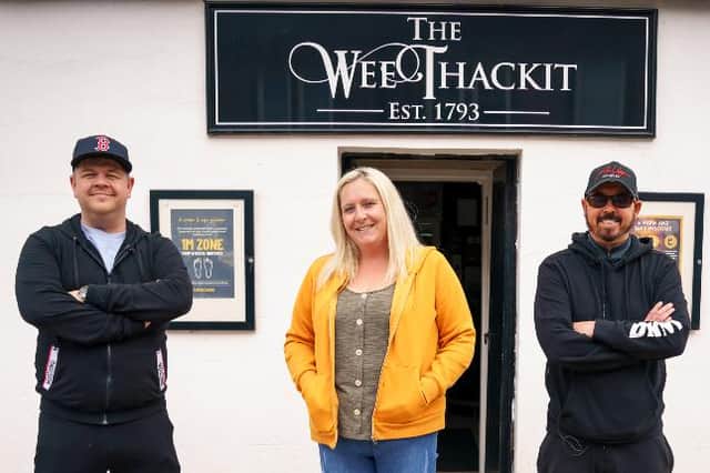 Crofty and Grado with Laura McKay of The Wee Thackit Inn