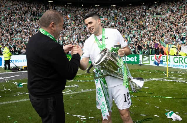 Celtic manager Ange Postecoglou and Tom Rogic who will leave this summer.  (Photo by Craig Williamson / SNS Group)