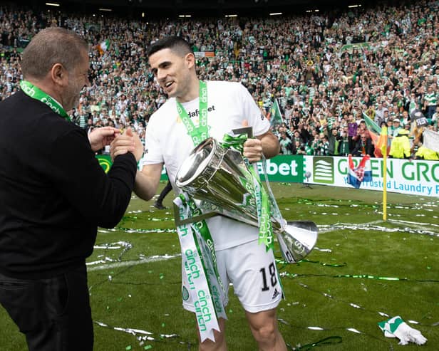 Celtic manager Ange Postecoglou and Tom Rogic who will leave this summer.  (Photo by Craig Williamson / SNS Group)