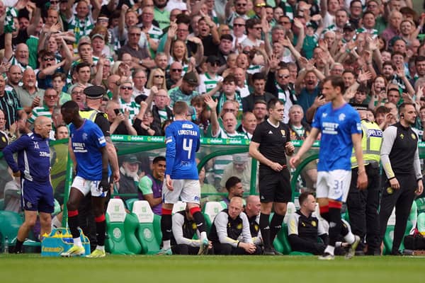 Rangers' John Lundstram after being sent off by referee William Collum (not pictured) during the cinch Premiership match at the Celtic park, Glasgow. PIC: Andrew Milligan/PA Wire.
