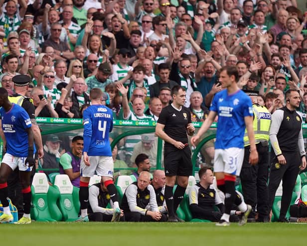 Rangers' John Lundstram after being sent off by referee William Collum (not pictured) during the cinch Premiership match at the Celtic park, Glasgow. PIC: Andrew Milligan/PA Wire.