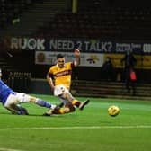Tony Watt scores for Motherwell against St Johnstone in their 2-1 home defeat to the Perth side in a Betfred Cup second round tie at Fir Park  on November 28 (Pic by Ian McFadyen)