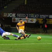 Tony Watt scores for Motherwell against St Johnstone in their 2-1 home defeat to the Perth side in a Betfred Cup second round tie at Fir Park  on November 28 (Pic by Ian McFadyen)