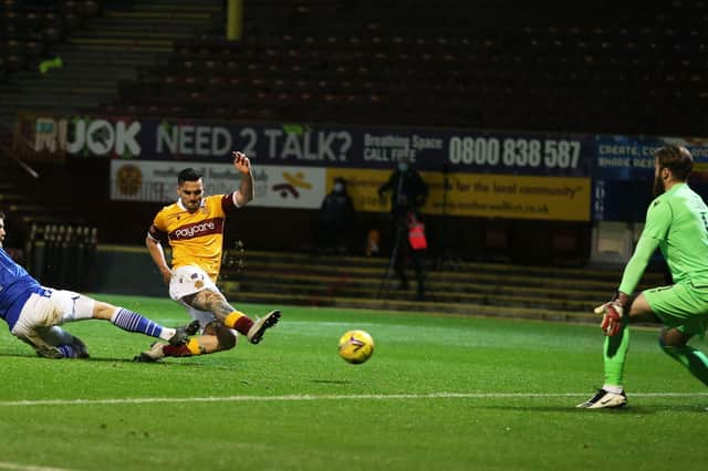 Tony Watt scores for Motherwell against St Johnstone in their 2-1 home defeat to the Perth side in a Betfred Cup second round tie at Fir Park  on November 28 (Pic by Ian McFadyen)