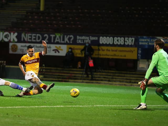 Tony Watt scores for Motherwell against St Johnstone in their 2-1 home defeat to the Perth side in a Betfred Cup second round tie at Fir Park  on November 28 (Pic by Ian McFadyen)