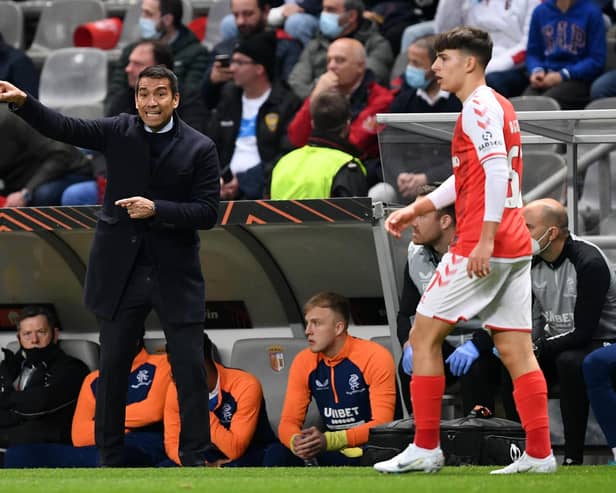 Rangers manager Giovanni van Bronckhorst issues instructions to his players during the Europa League quarter-final, first leg match against Braga in Portugal. (Photo by Octavio Passos/Getty Images)