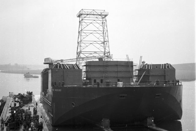 A floating oil platform/oil rig is launched from John Brown's shipyard at Clydebank in May 1969