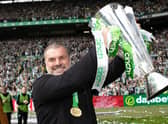 Celtic manager Ange Postecoglou with the cinch Premiership trophy. (Photo by Craig Williamson / SNS Group)