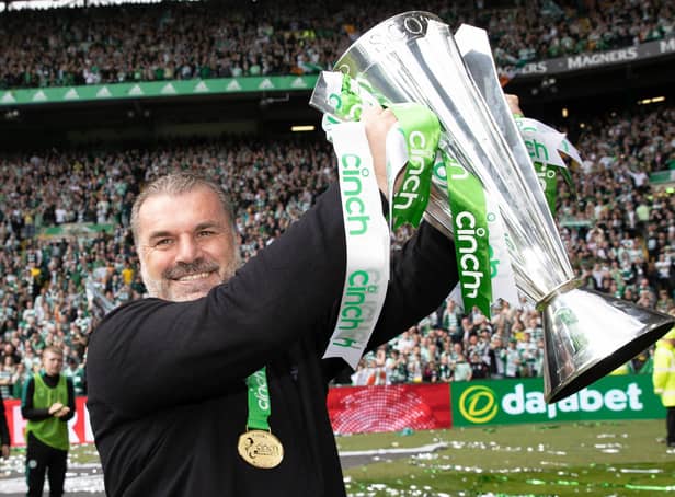 <p>Celtic manager Ange Postecoglou with the cinch Premiership trophy. (Photo by Craig Williamson / SNS Group)</p>