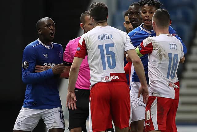 Rangers midfielder Glen Kamara reacts furiously after being racially abused by Slavia Prague defender Ondrej Kudela during the Europa League last 16 match at Ibrox in March 2021. (Photo by Ian MacNicol/Getty Images)