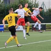 Callum Connolly heads in Bonnyrigg's second goal against Spartans (pic: Joe Gilhooley)