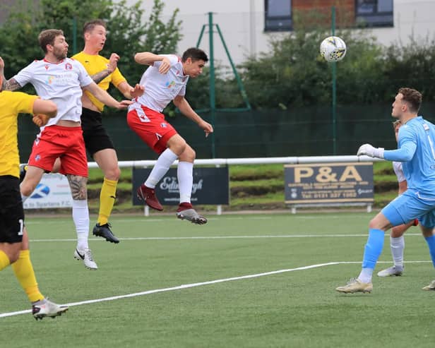 Callum Connolly heads in Bonnyrigg's second goal against Spartans (pic: Joe Gilhooley)