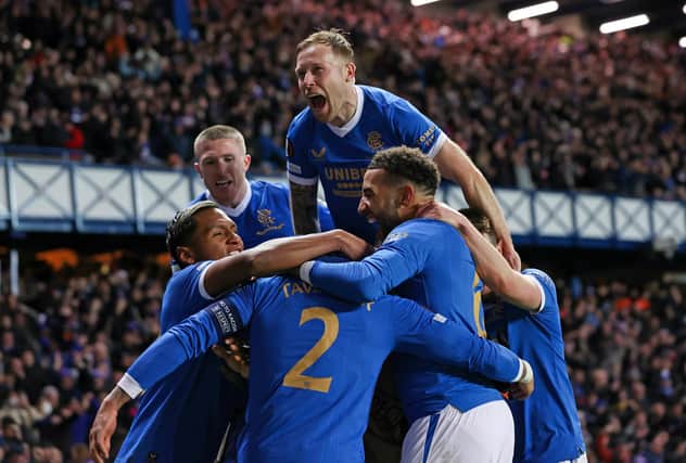 Rangers celebrate a famous win over Dortmund at Ibrox.