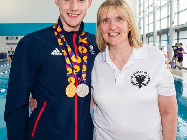 Mark Ford with Karen Kelly, his ex-coach at Lanark Swimming Club