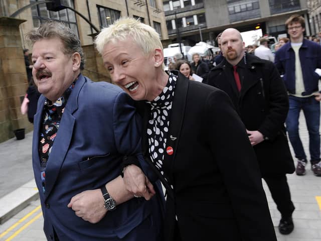 April 2014 - at the opening of Glasgow School of Art's new Reid Building. Robbie Coltrane and Muriel Gray.