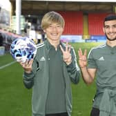 Celtic's latest hat-trick scorer Kyogo Furuhashi and Liel Abada may be thankful for the multi-ball era as they hold the spoils for their triples in the 9-0 demolition of Dundee United.  (Photo by Rob Casey / SNS Group)