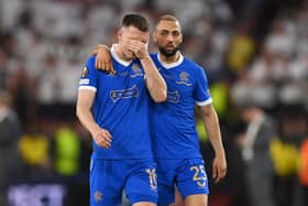 Rangers midfielder Aaron Ramsey is consoled by Kemar Roofe after missing the decisive penalty in the shoot-out as Eintracht Frankfurt won the Europa League final. (Photo by Justin Setterfield/Getty Images)