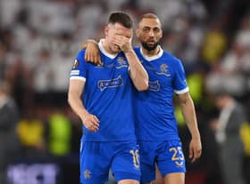 Rangers midfielder Aaron Ramsey is consoled by Kemar Roofe after missing the decisive penalty in the shoot-out as Eintracht Frankfurt won the Europa League final. (Photo by Justin Setterfield/Getty Images)