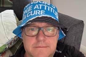 Paul’s re-purposed bucket hat, created from an old Parkinson’s UK running t-shirt, which he’ll wear on Sunday