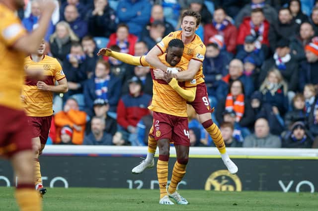 Devante Cole celebrates his goal with Motherwell team-mate Chris Long on 'Well's last league visit to Ibrox Stadium, a narrow 2-1 loss on October 27, 2019 (Pic by Ian McFadyen)
