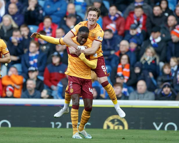 Devante Cole celebrates his goal with Motherwell team-mate Chris Long on 'Well's last league visit to Ibrox Stadium, a narrow 2-1 loss on October 27, 2019 (Pic by Ian McFadyen)