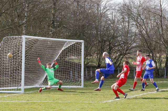 Connor Cowan opens the scoring for Carluke at Newmains United (Pic by Kevin Ramage)