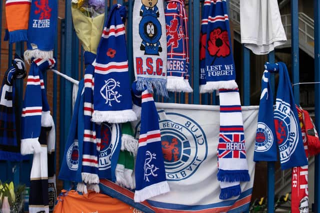 Tributes left at Ibrox for Rangers kitman Jimmy Bell, who has died aged 69 (Photo by Alan Harvey / SNS Group)