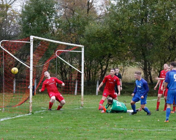 Goal action from a 3-3 draw between Newmains and Carluke Rovers in 2018. The sides will meet this Saturday. (Pic by Kevin Ramage)