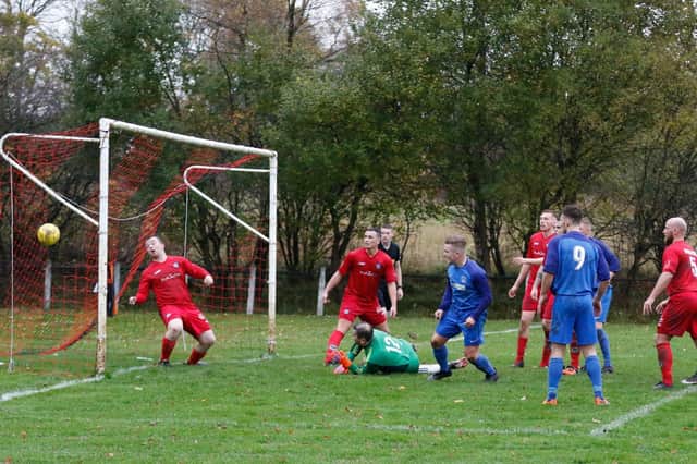 Goal action from a 3-3 draw between Newmains and Carluke Rovers in 2018. The sides will meet this Saturday. (Pic by Kevin Ramage)