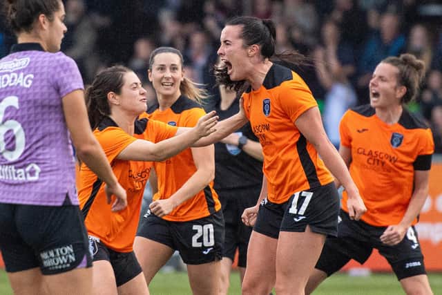 Glasgow City's Niamh Farrelly celebrates her equaliser against Rangers during the battle of the SWPL top two.  (Photo by Ross MacDonald / SNS Group)