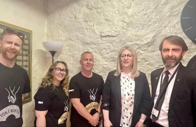 From left, Steve and Jen from Creative Sparks, Kenny from Ceartas, Amy Callaghan MP, and Cllr Gordan Low (Leader of East Dunbartonshire Council).