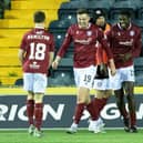 Arbroath celebrate Anton Dowds (19) late winner at Kilmarnock. (Photo by Craig Brown / SNS Group)