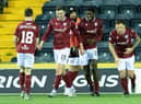 Arbroath celebrate Anton Dowds (19) late winner at Kilmarnock. (Photo by Craig Brown / SNS Group)
