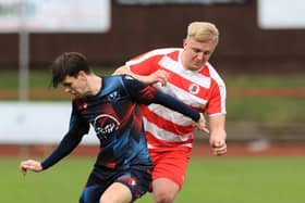Caledonian Braves couldn't prevent Kieran McGachie (right) scoring scrappy winner (Pic by Joe Gilhooley LRPS)