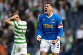 Rangers captain James Tavernier celebrates at full-time after the 2-1 win over Celtic at Hampden. (Photo by Ross MacDonald / SNS Group)