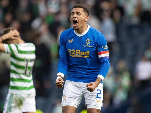 Rangers captain James Tavernier celebrates at full-time after the 2-1 win over Celtic at Hampden. (Photo by Ross MacDonald / SNS Group)