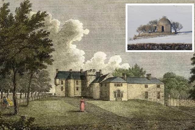 Pictures of the original house are very rare; the one illustrating this article is, I believe, the only one now in existence. It was drawn by James Denholm. Inset: The Fullertons mausoleum has survived.