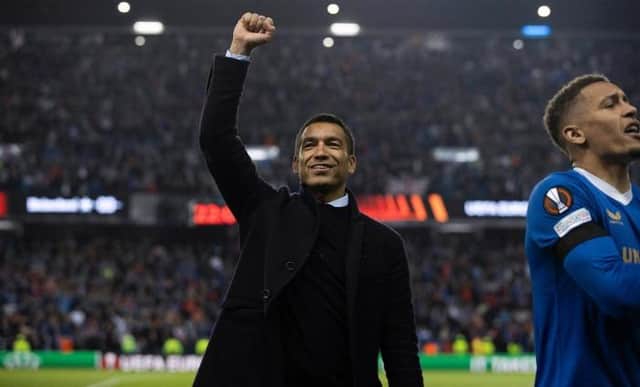 Rangers manager Giovanni van Bronckhorst celebrates after his team's 3-1 win over RB Leipzig in the Europa League semi-final, second leg match at Ibrox on Thursday night. (Photo by Craig Williamson / SNS Group)